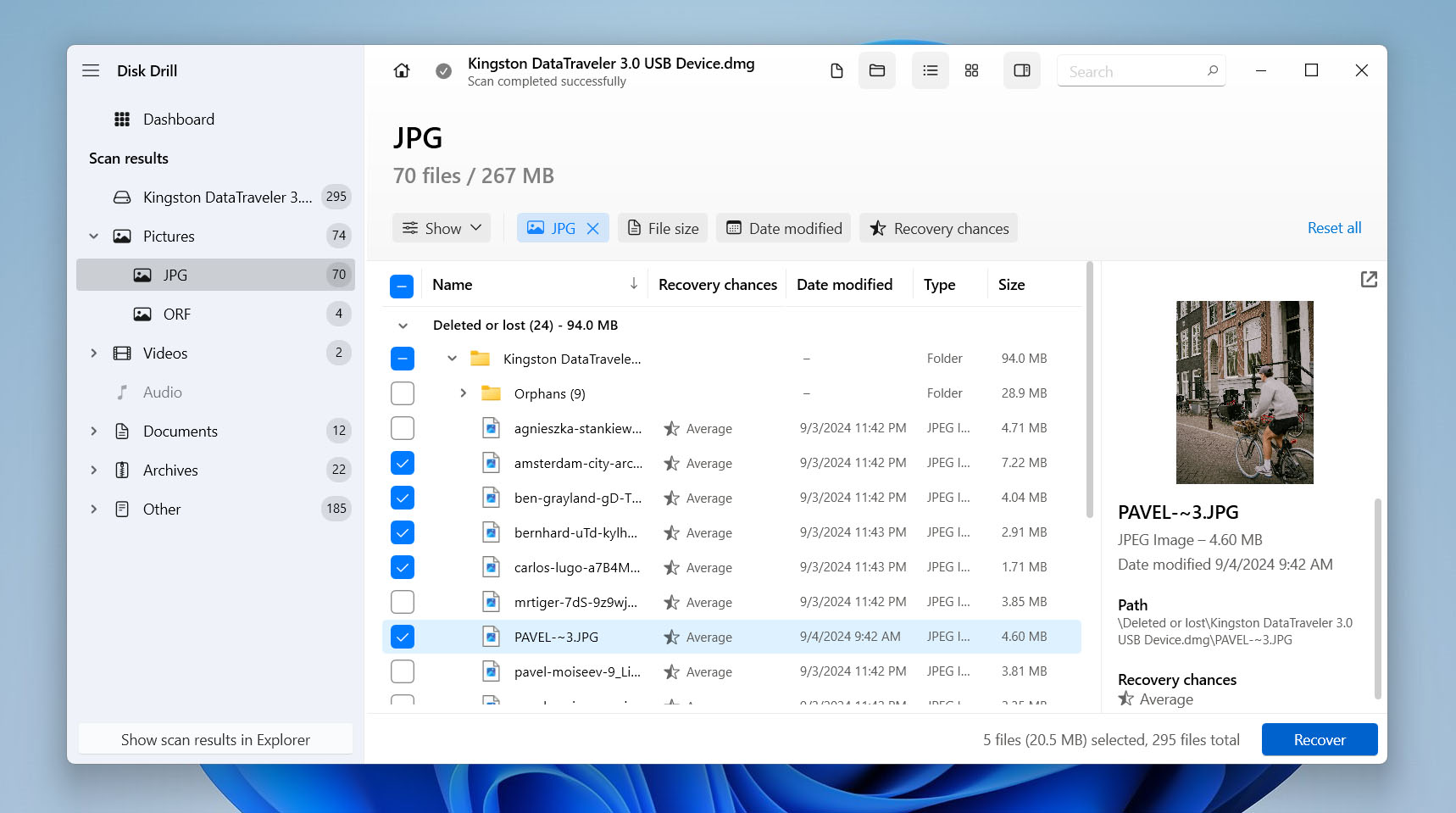 select files for recovery
