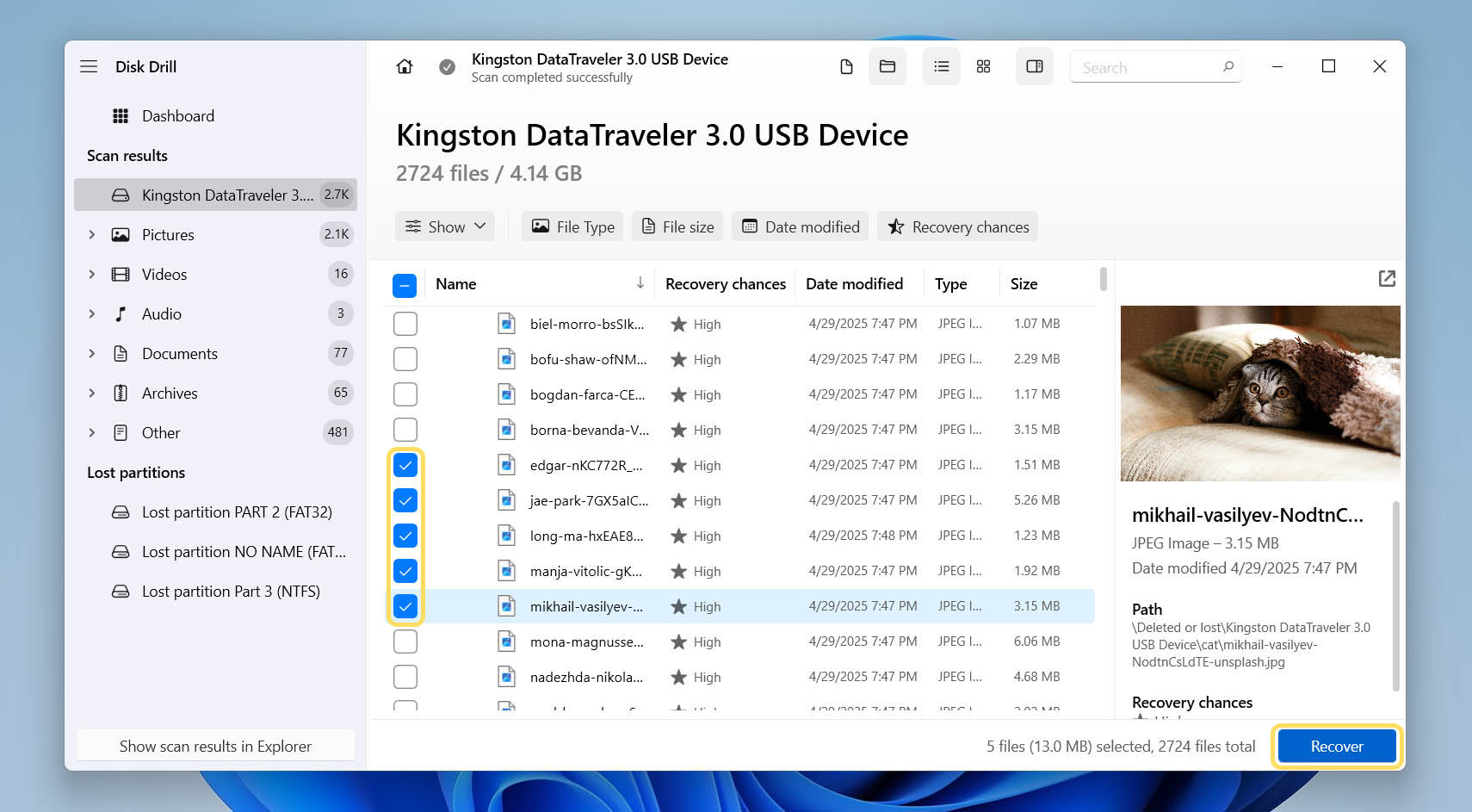 select files for recovery