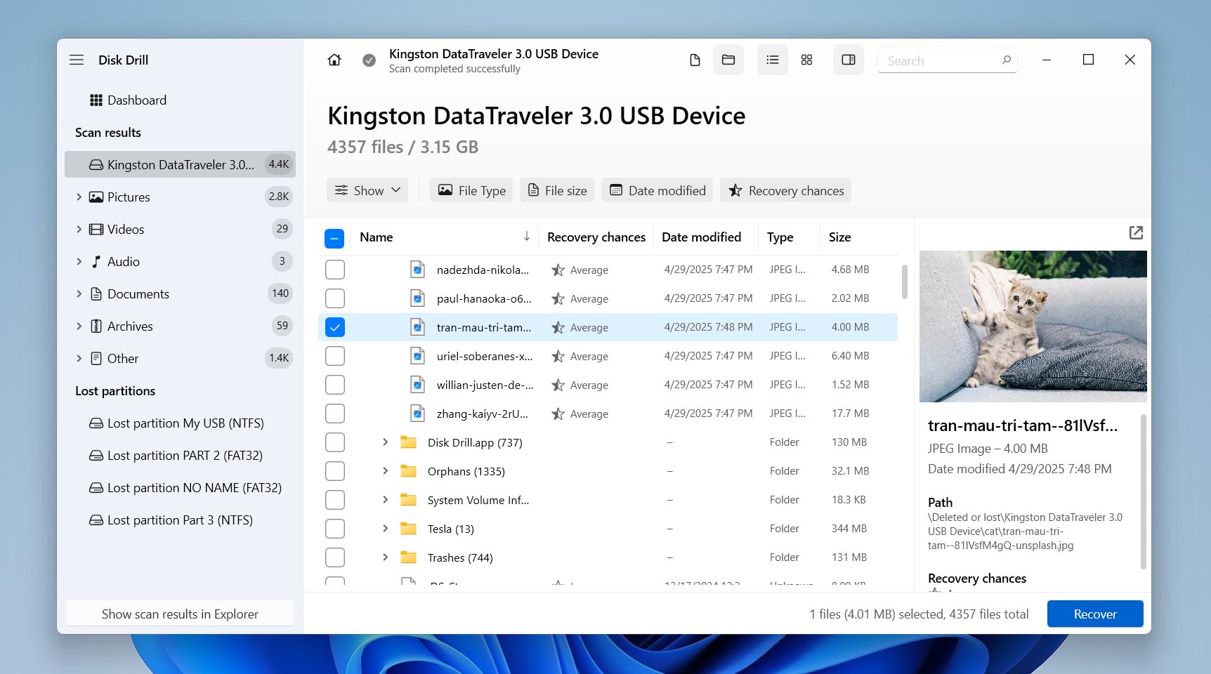 preview and select files for recover