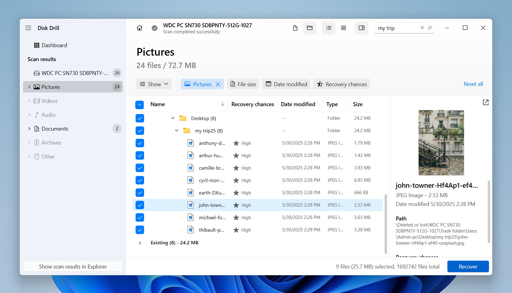 preview and select files for recovery