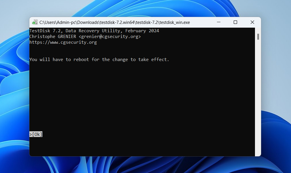 reboot pc after testdisk