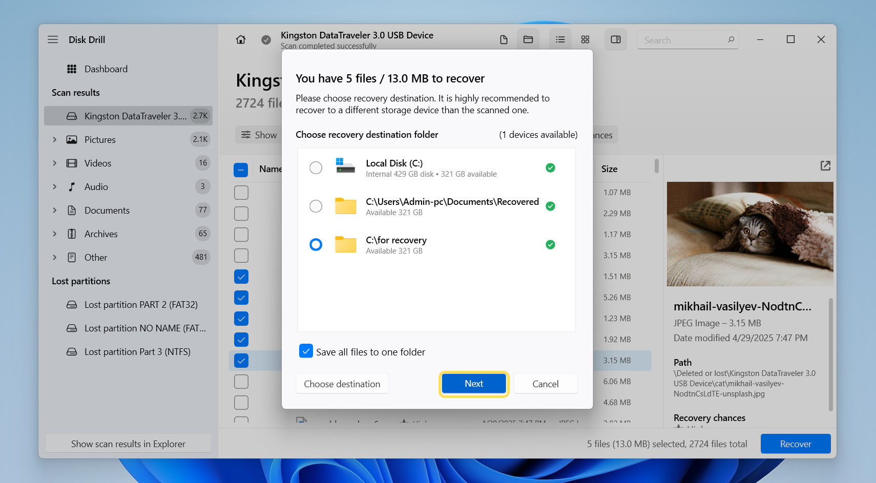 recovery folder selection in disk drill