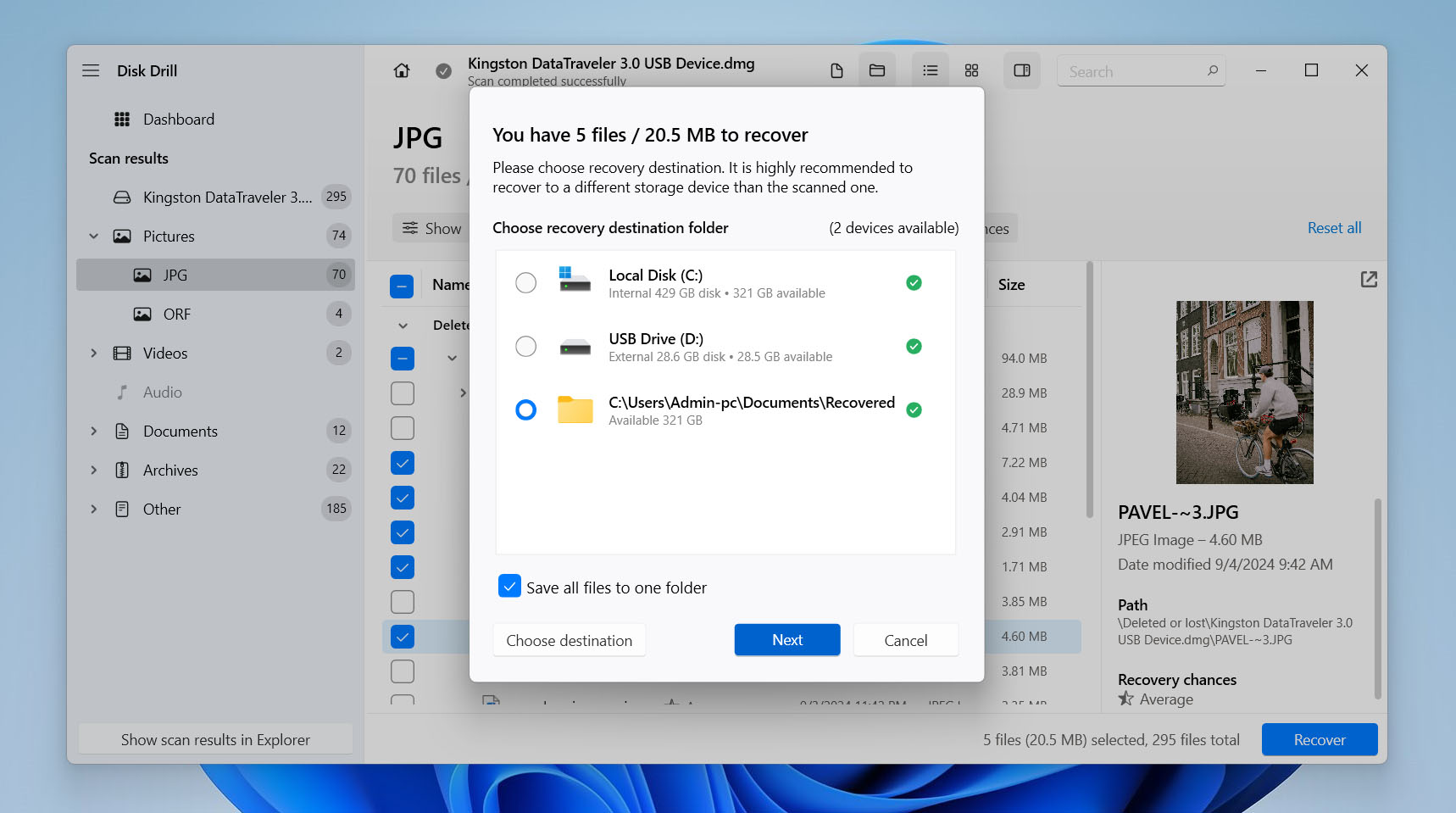 choose recovery path for files