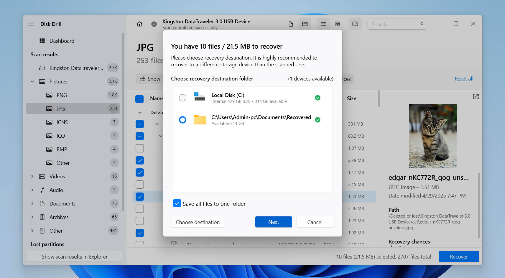 choose recovery folder for files