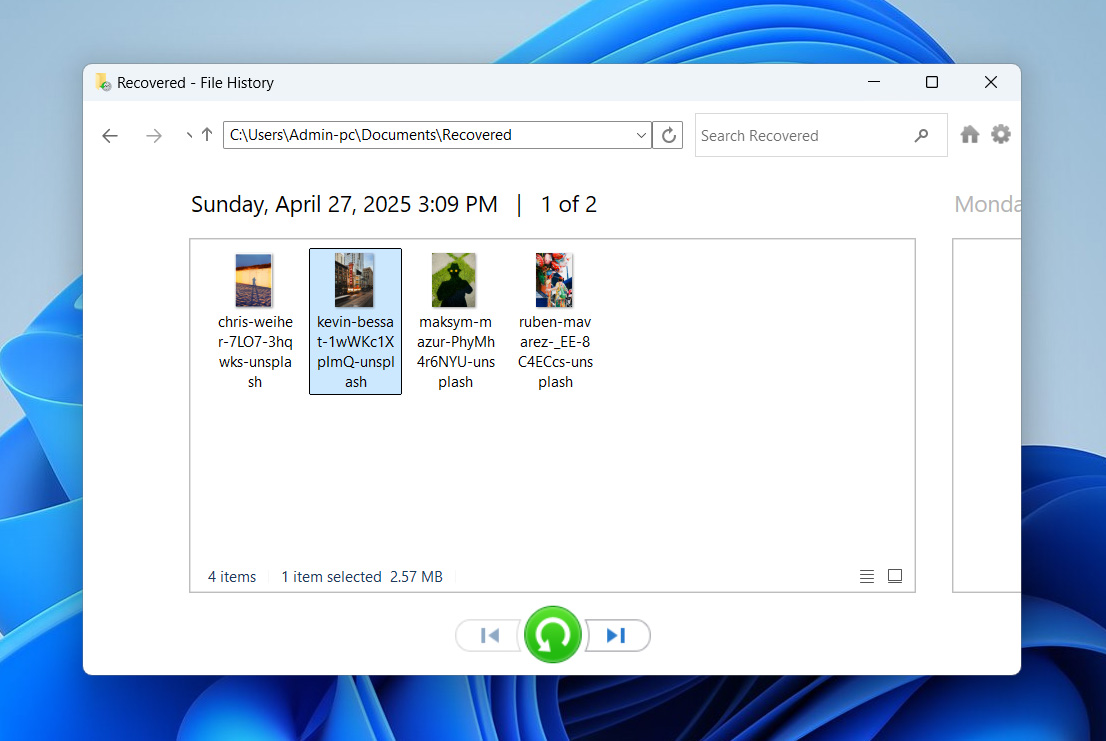 select files and restore with file history