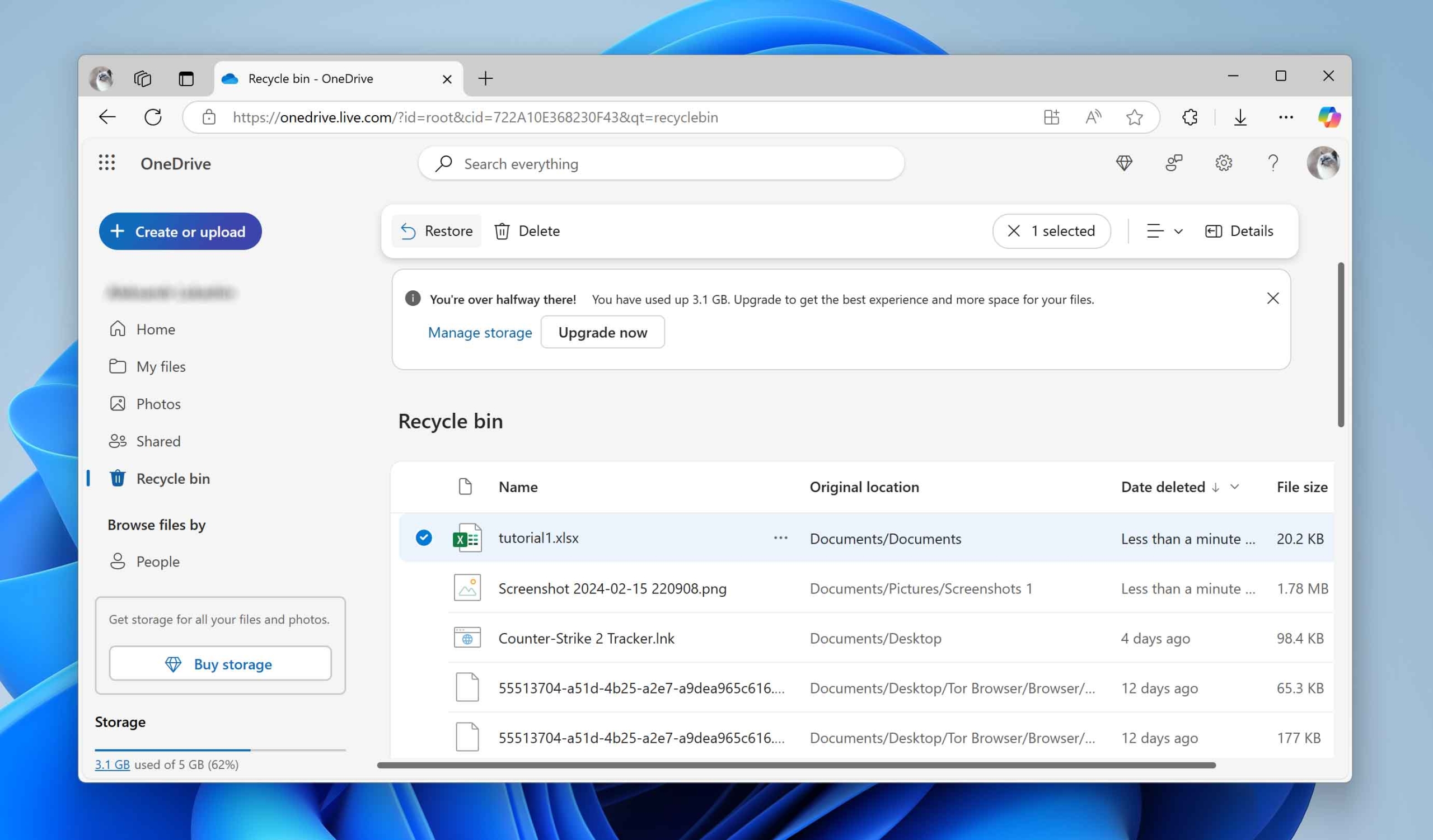 restore files in onedrive