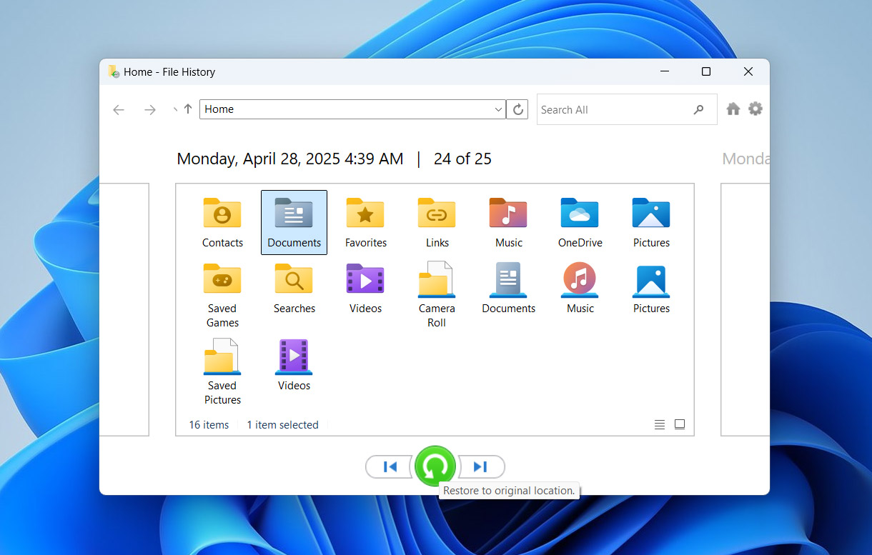 select folder for restore in file history
