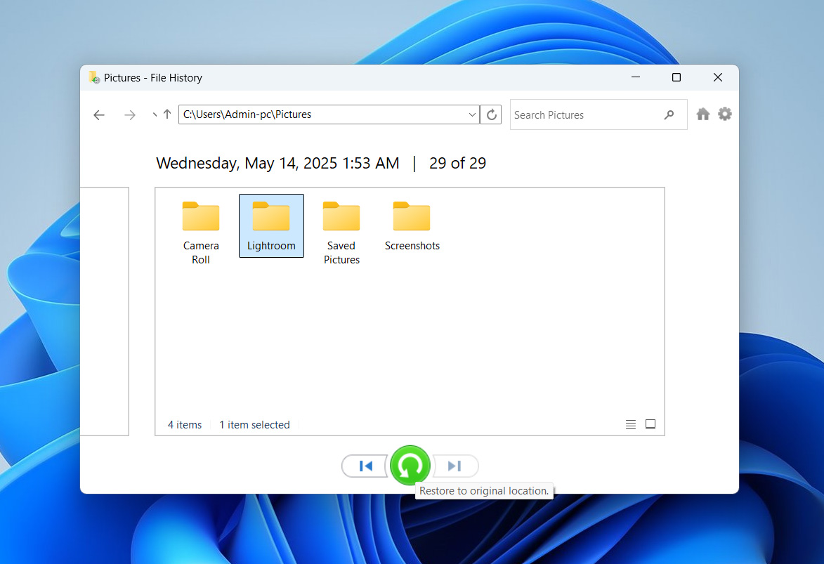 restore lightroom files with file history