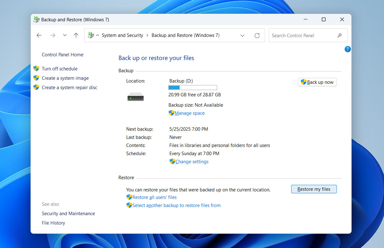 restore my files in backup and restore