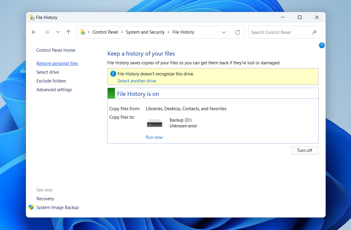 restore personal files in file history