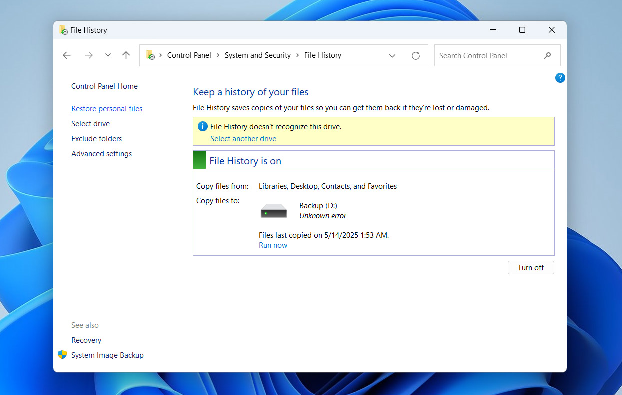 restore personal files in file history