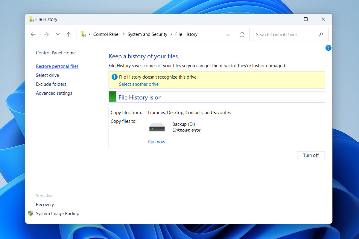 restore personal files in file history