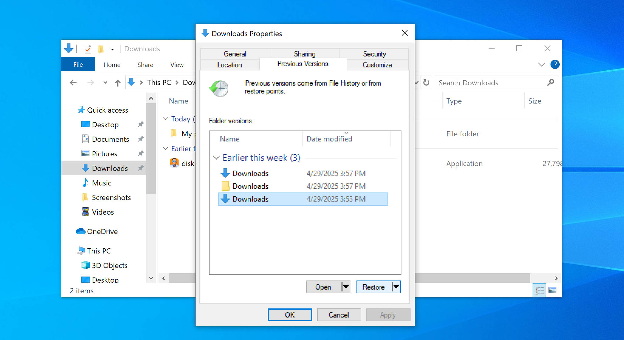 restore previous version of downloads folder