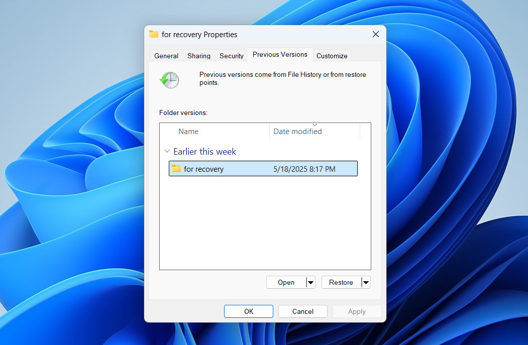 select folder previous version