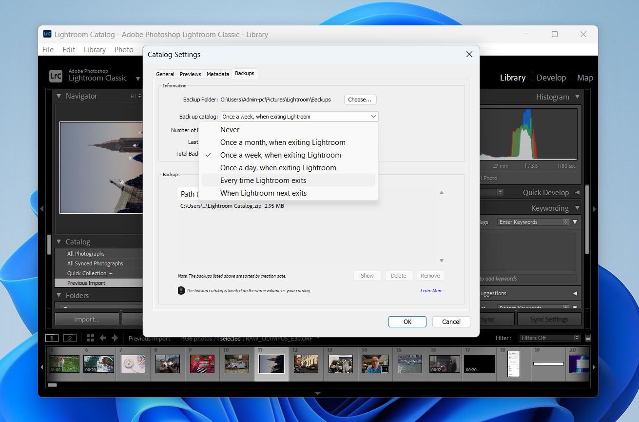 select backup catalog settings
