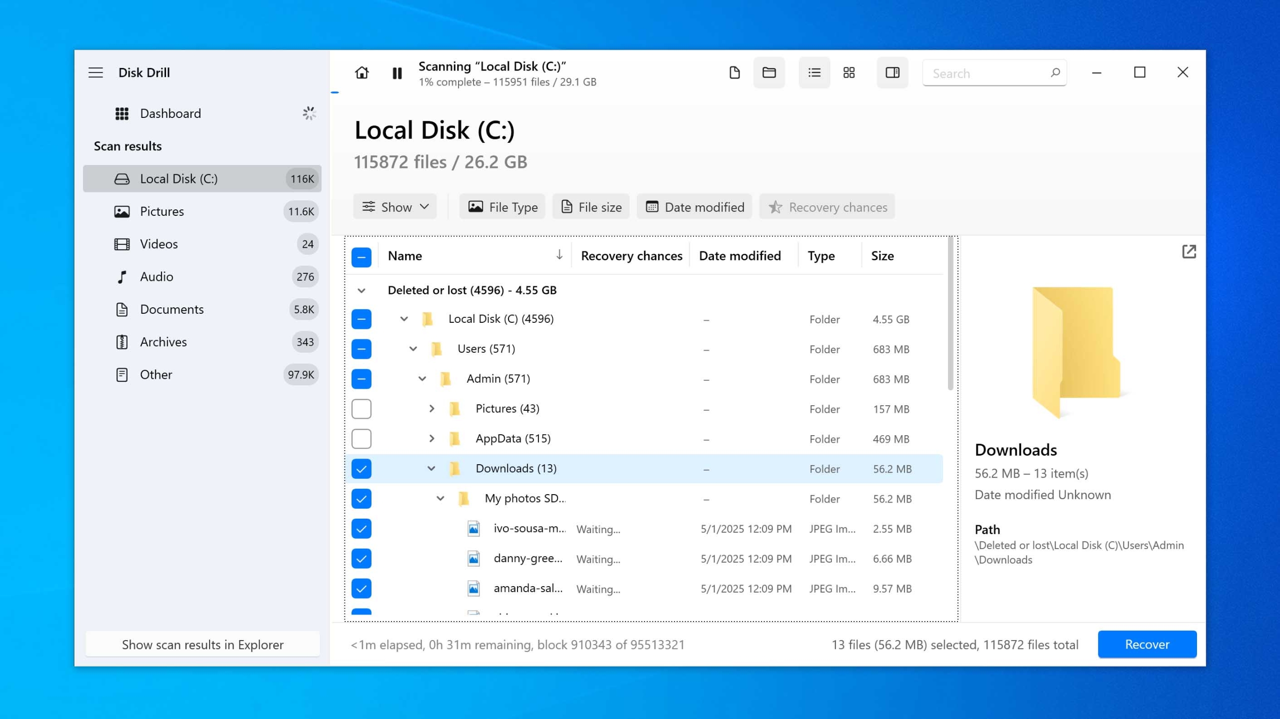 select downloads folder for recovery