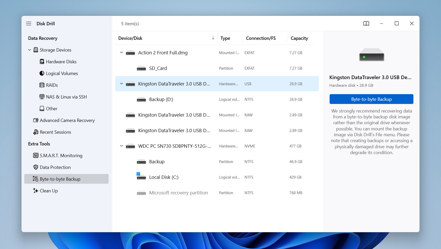 select a disk to back up to