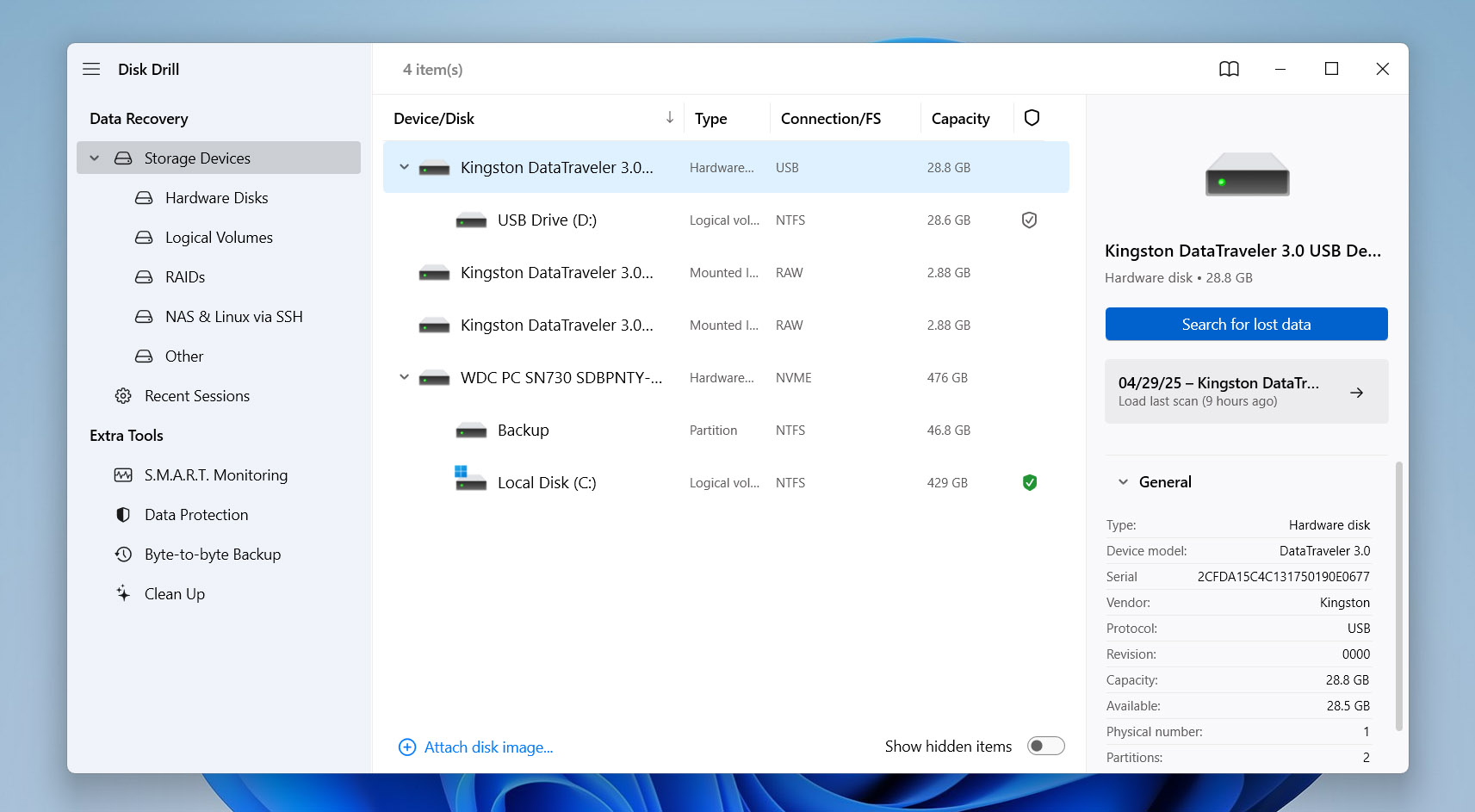 select NTFS drive in disk drill