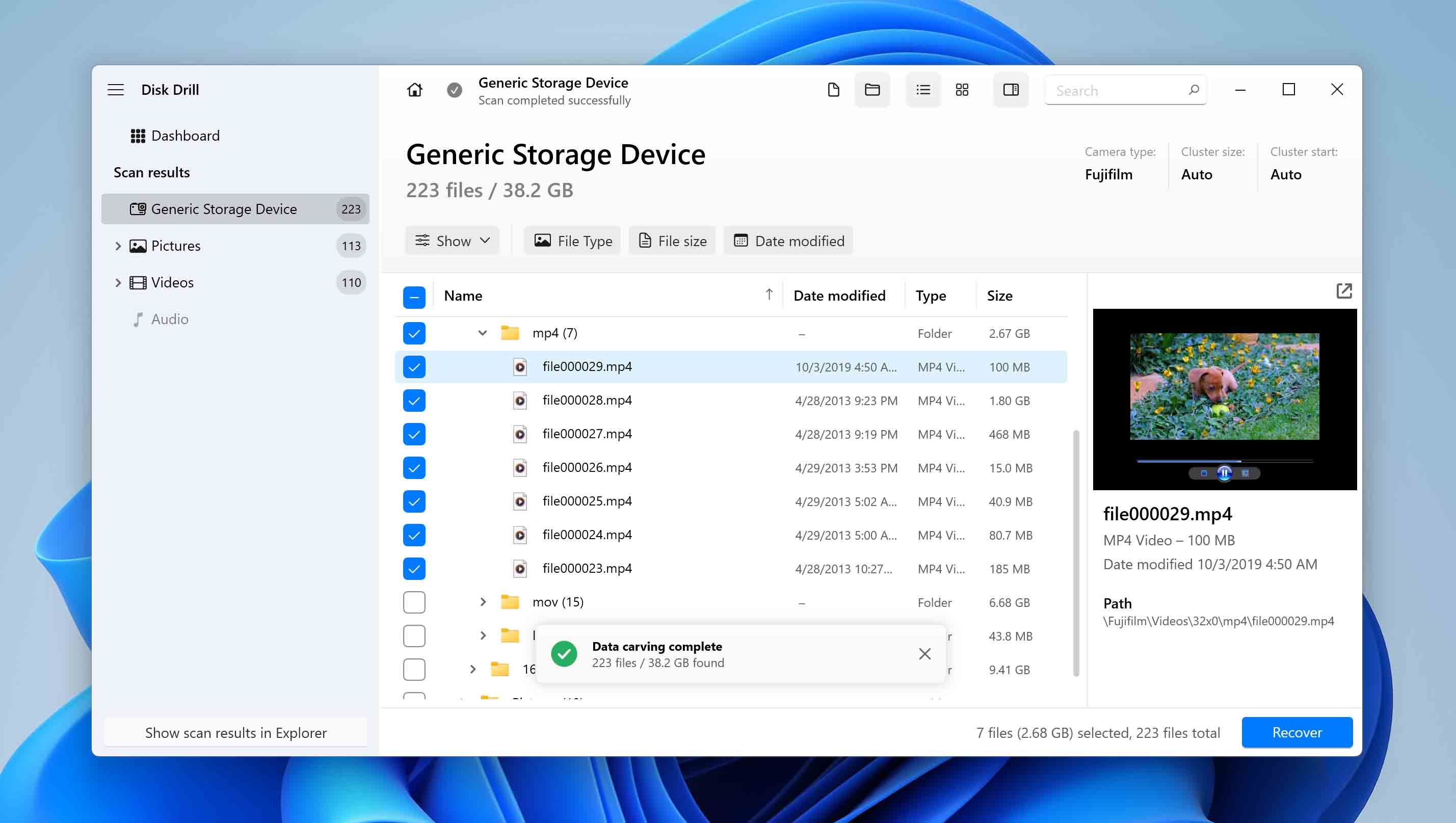 select files for recovery