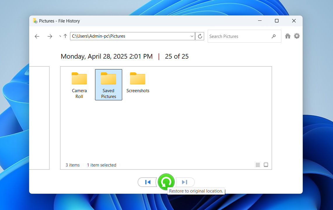 restore files and folders with file history