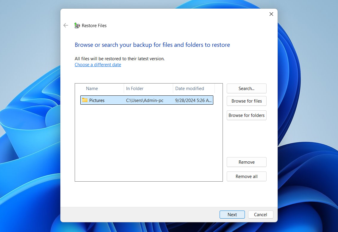 select folder for restore