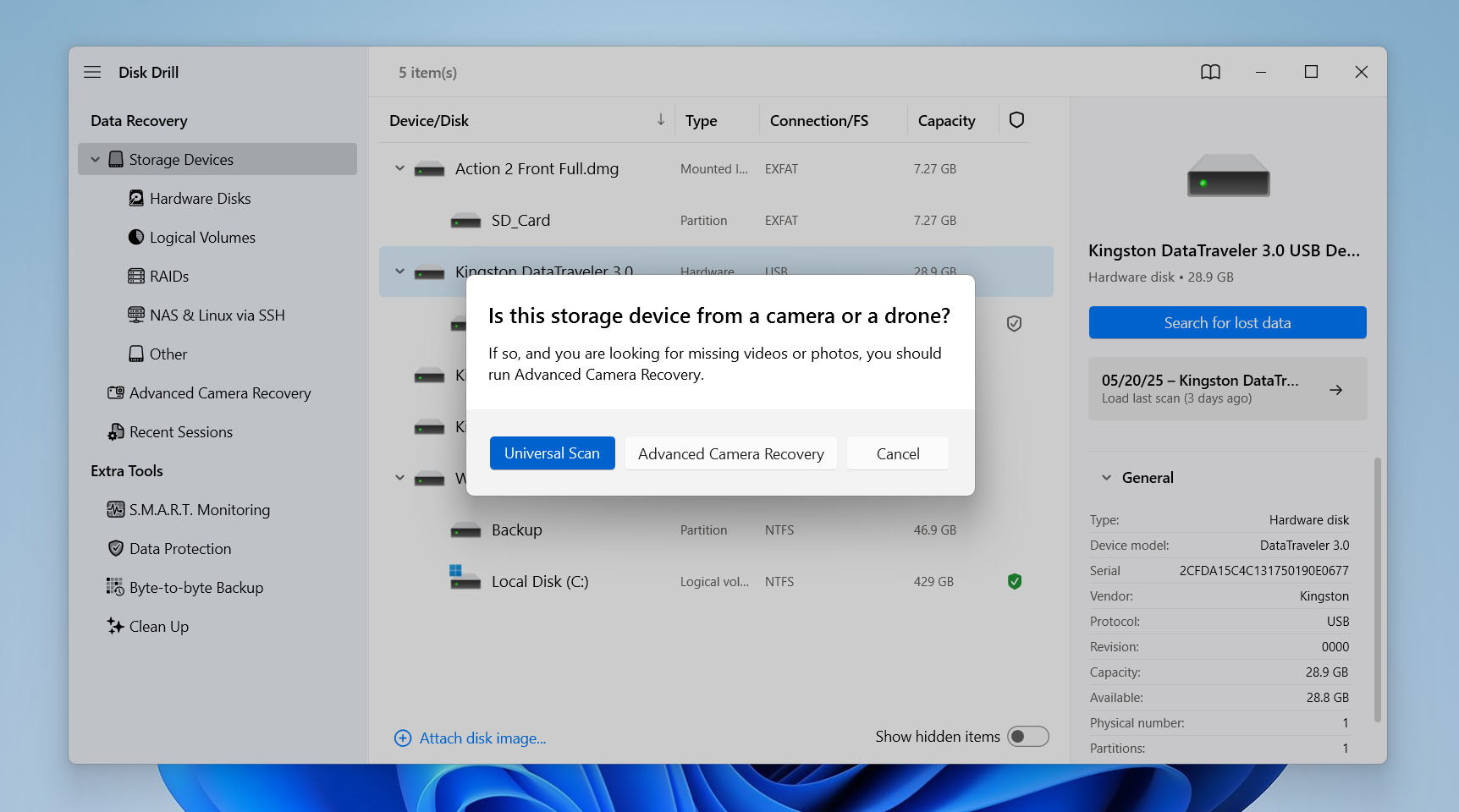 select the scan method in Disk Drill