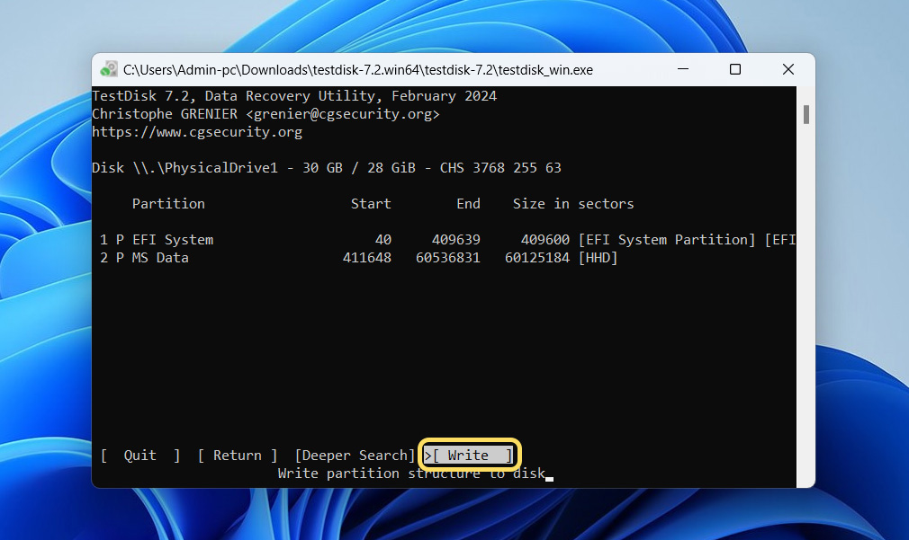 write partition back on your drive