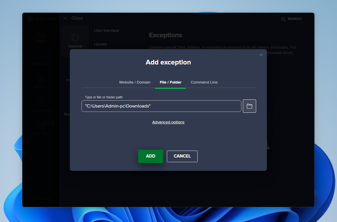 add exception in avast