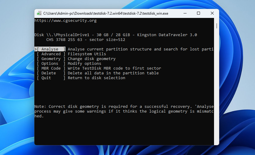 analyse drive in testdisk