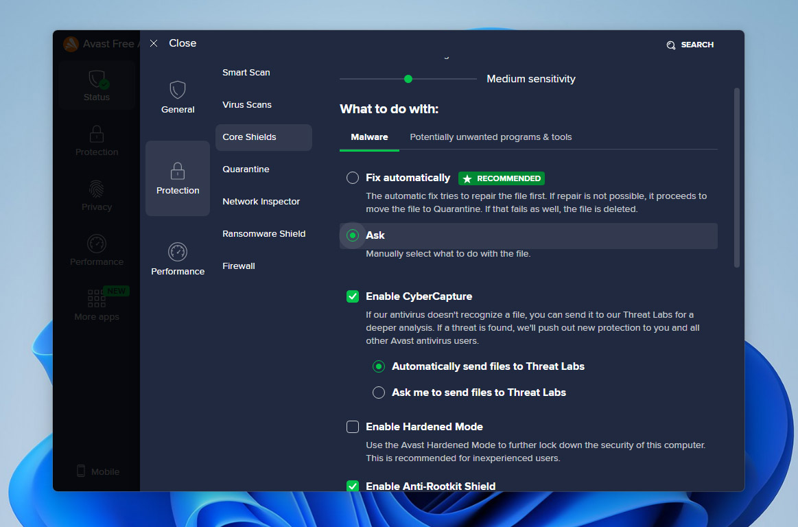 set to ask manually select malware in avast