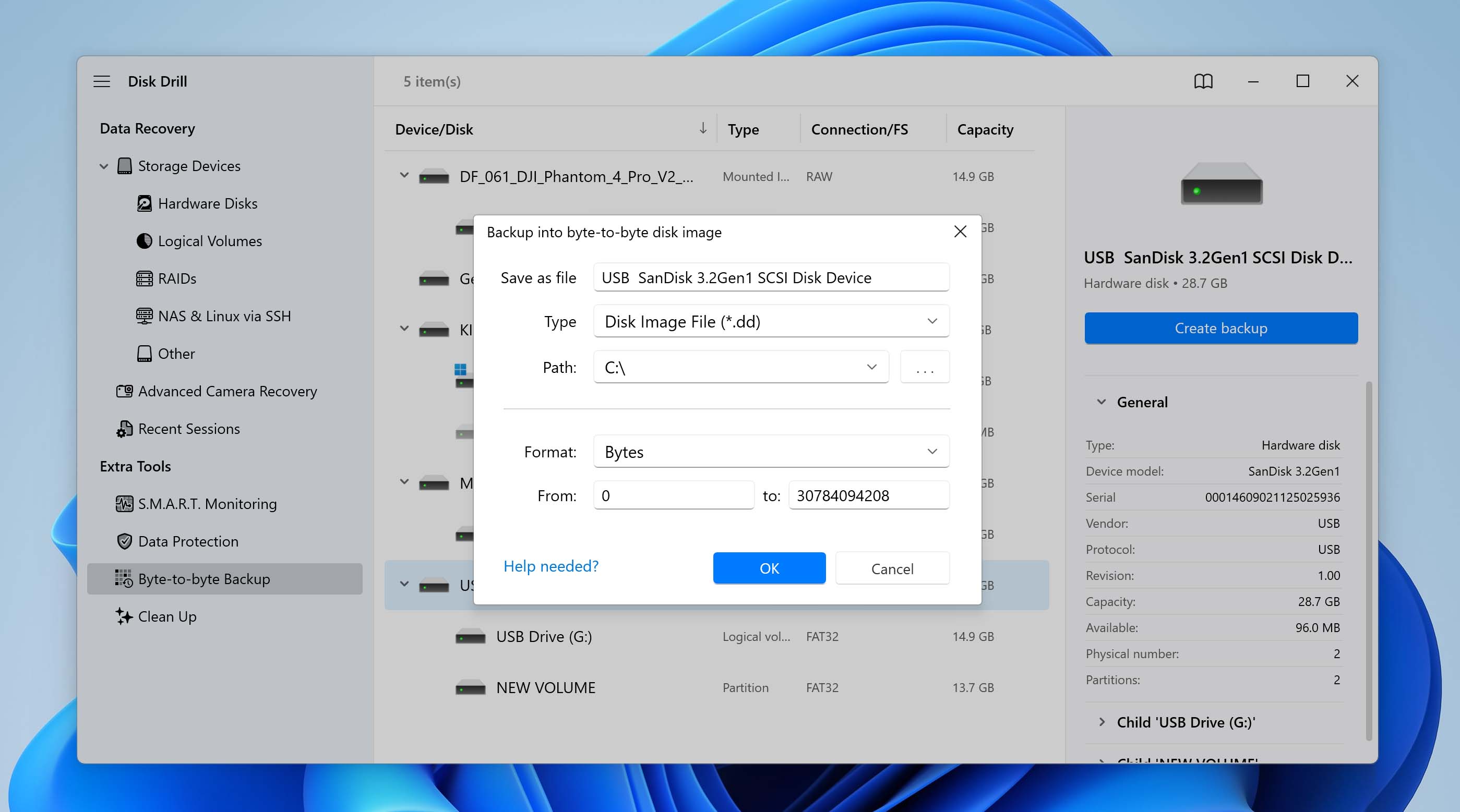 select backup parameters
