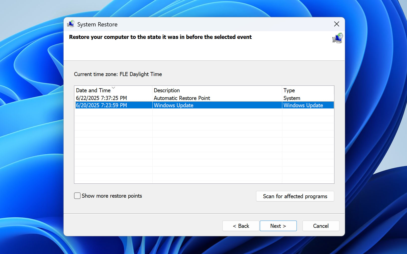 choose restore point
