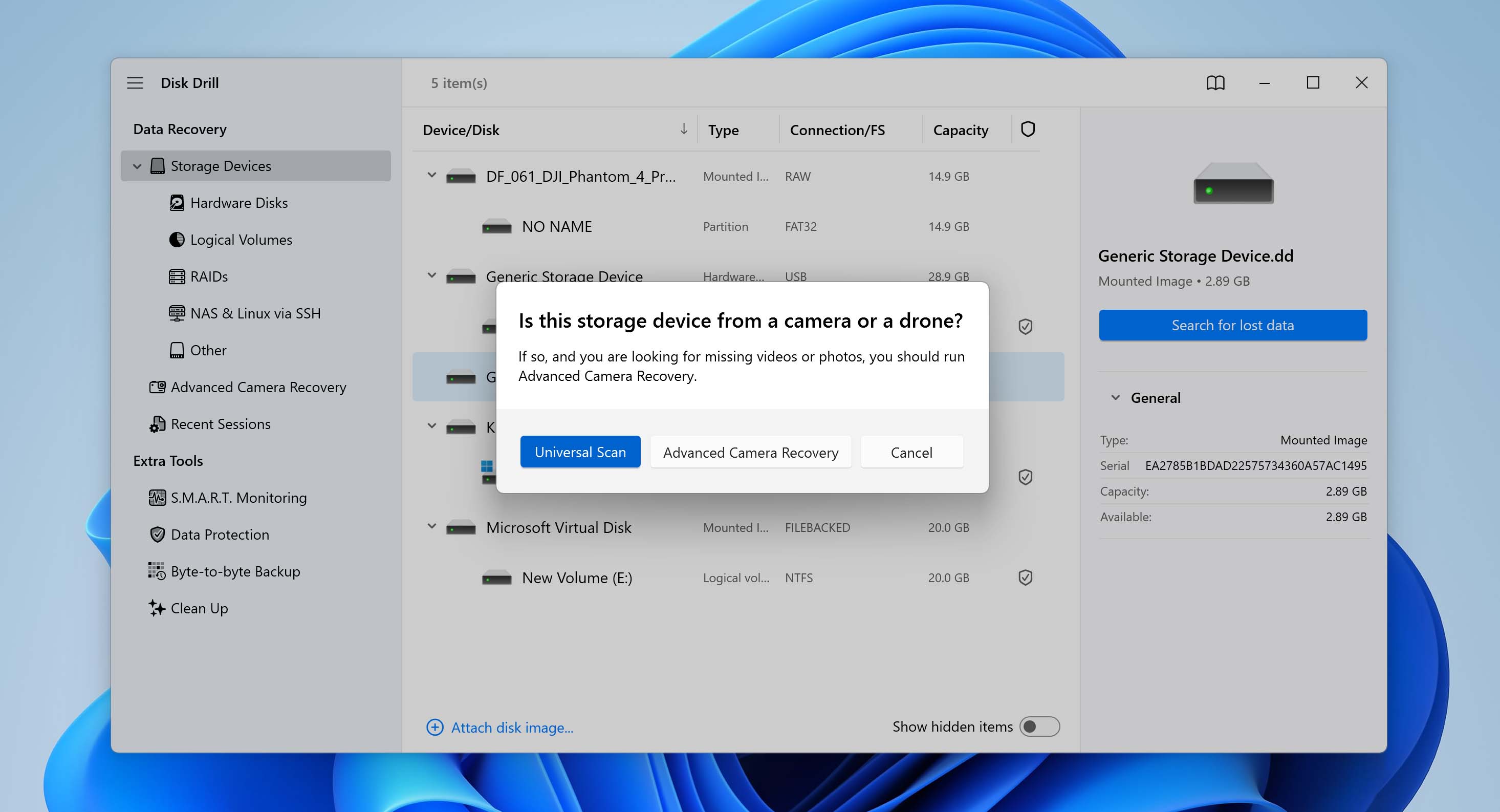 select recovery method for xd card