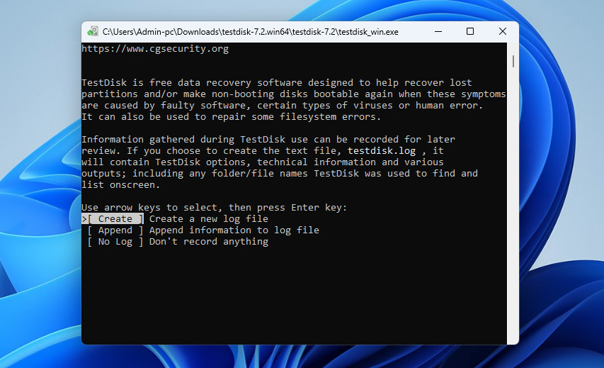 create log file testdisk