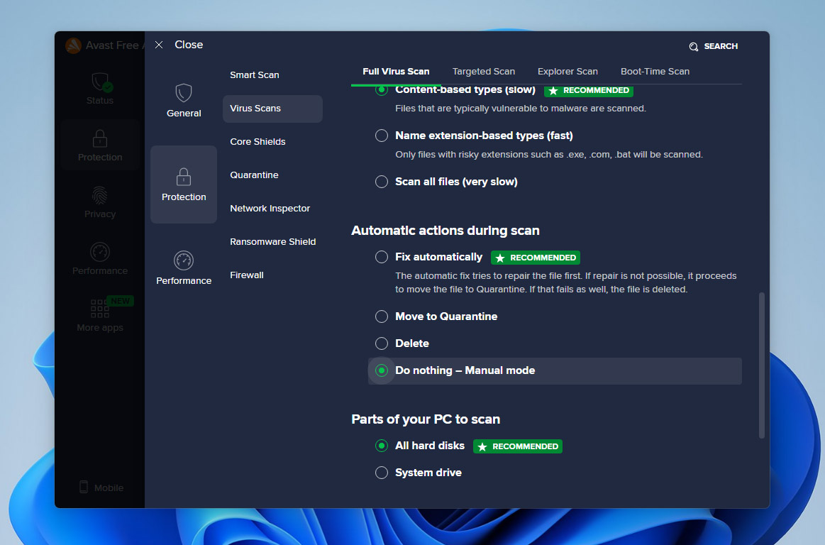 disable automatic actions during the scan