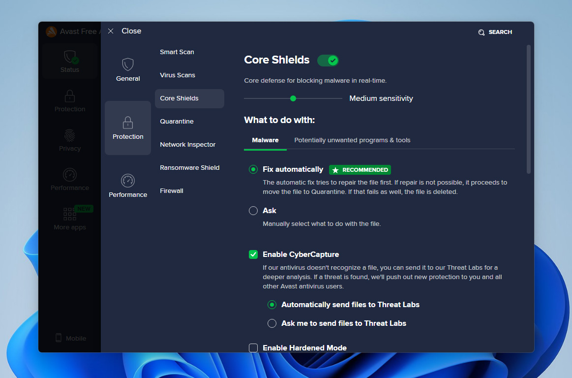 open core shields in avast