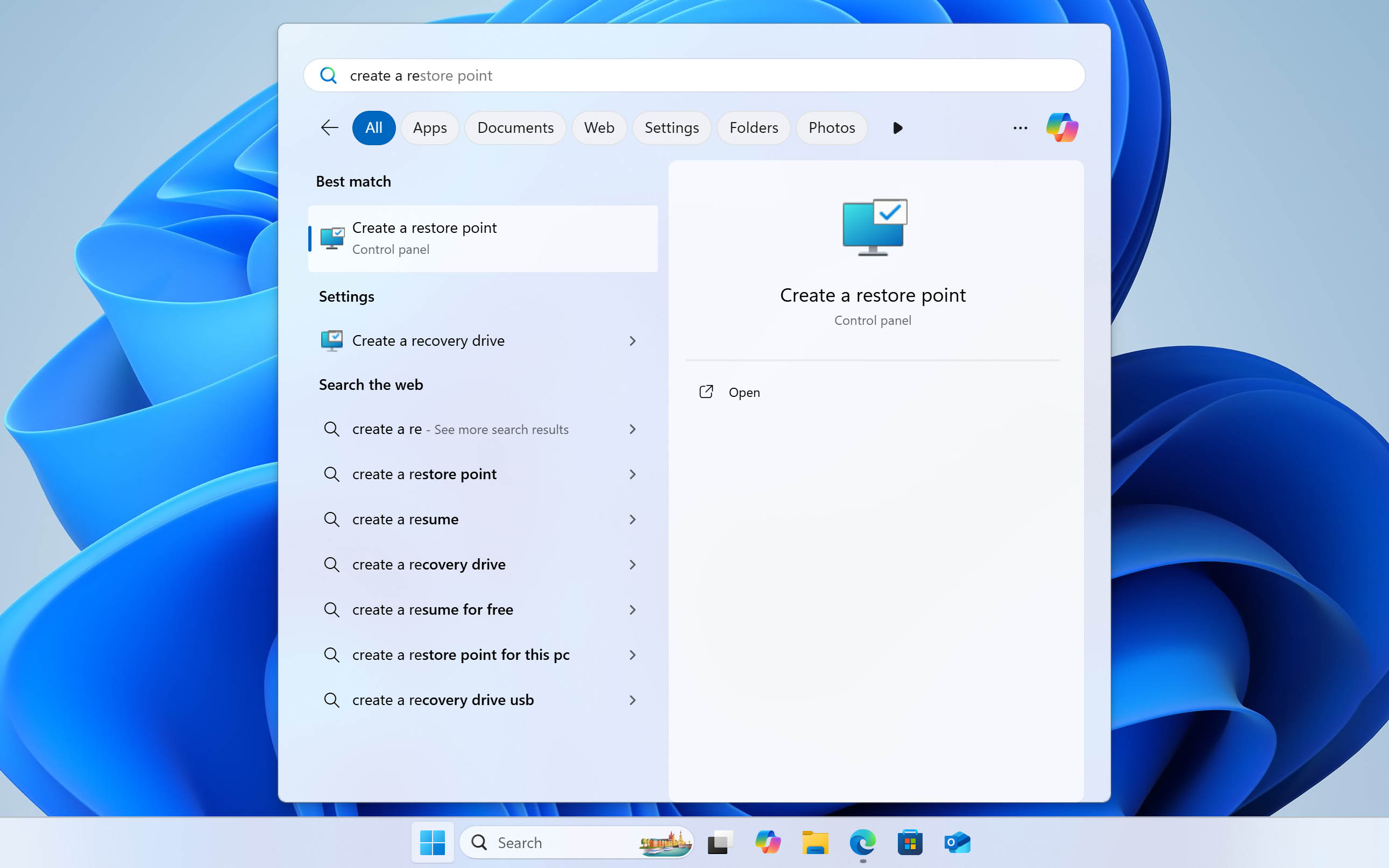 find create restore point option
