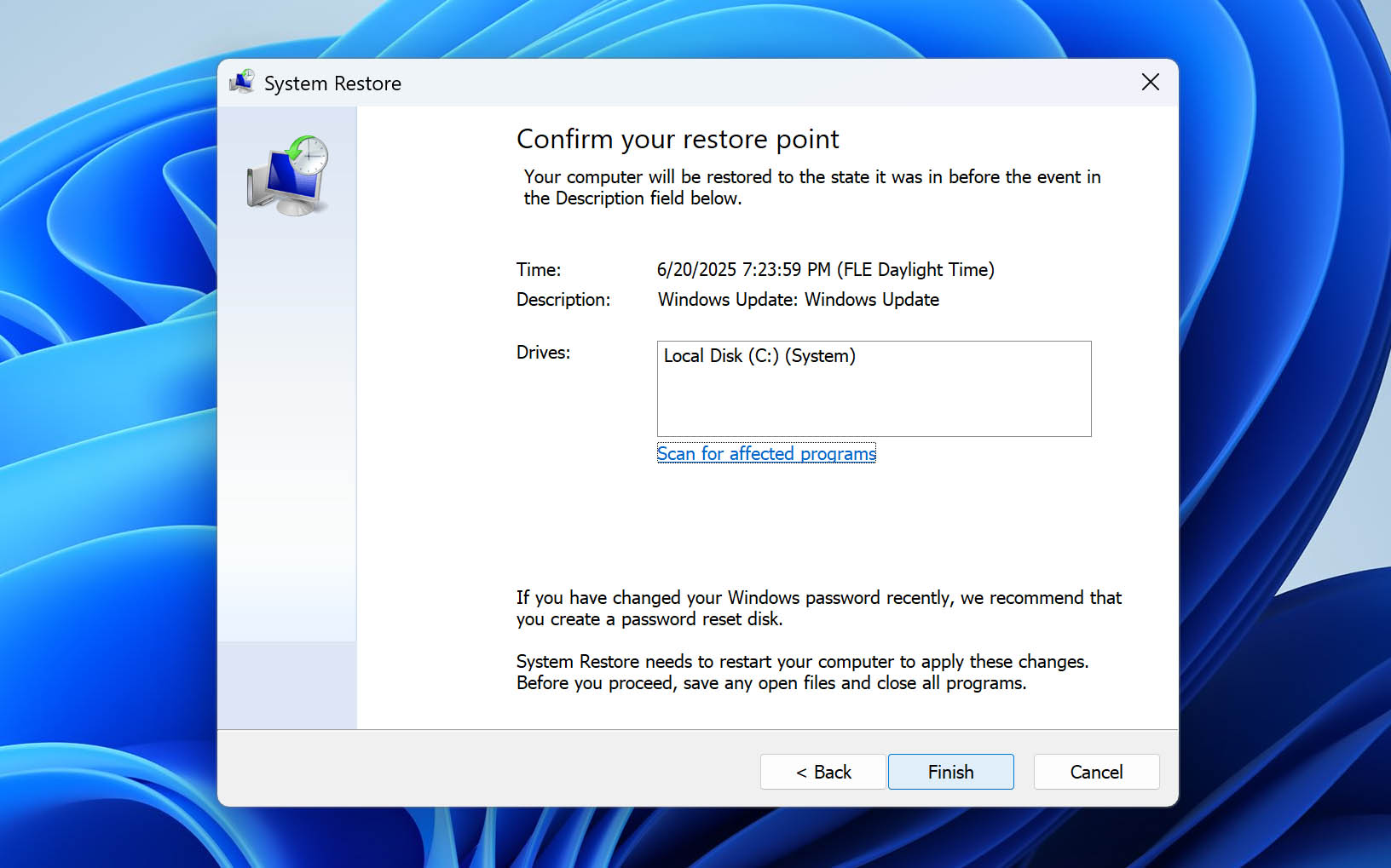 finish system restore