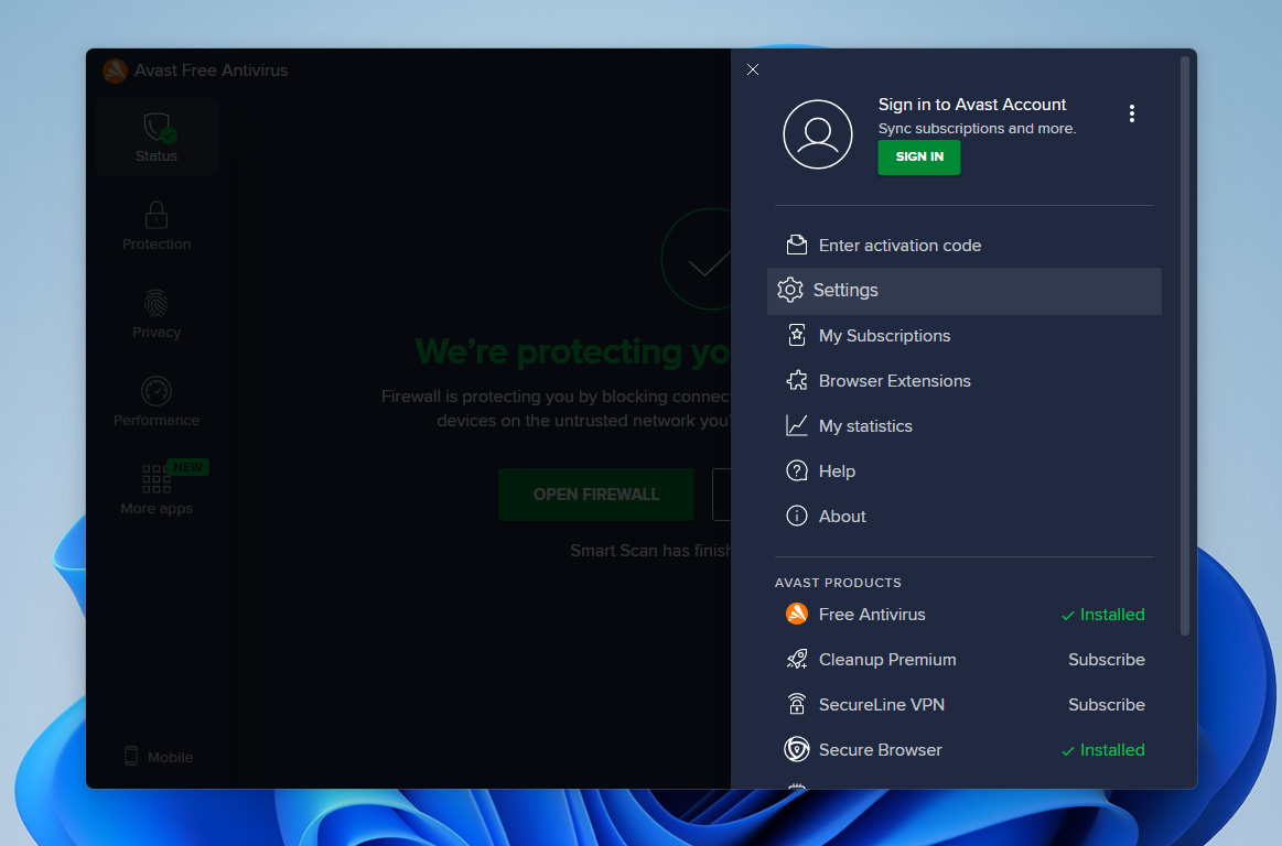 open avast settings