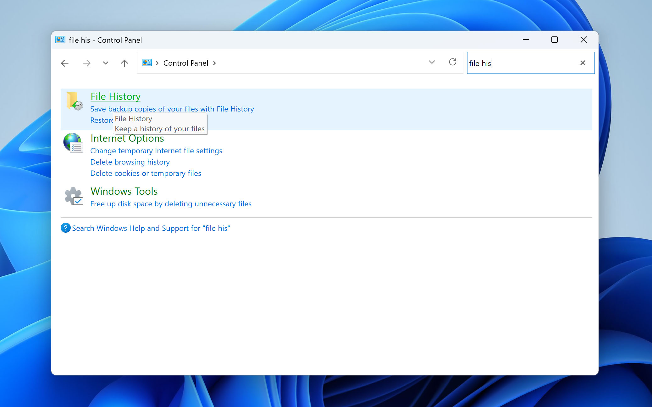 open file history in control panel