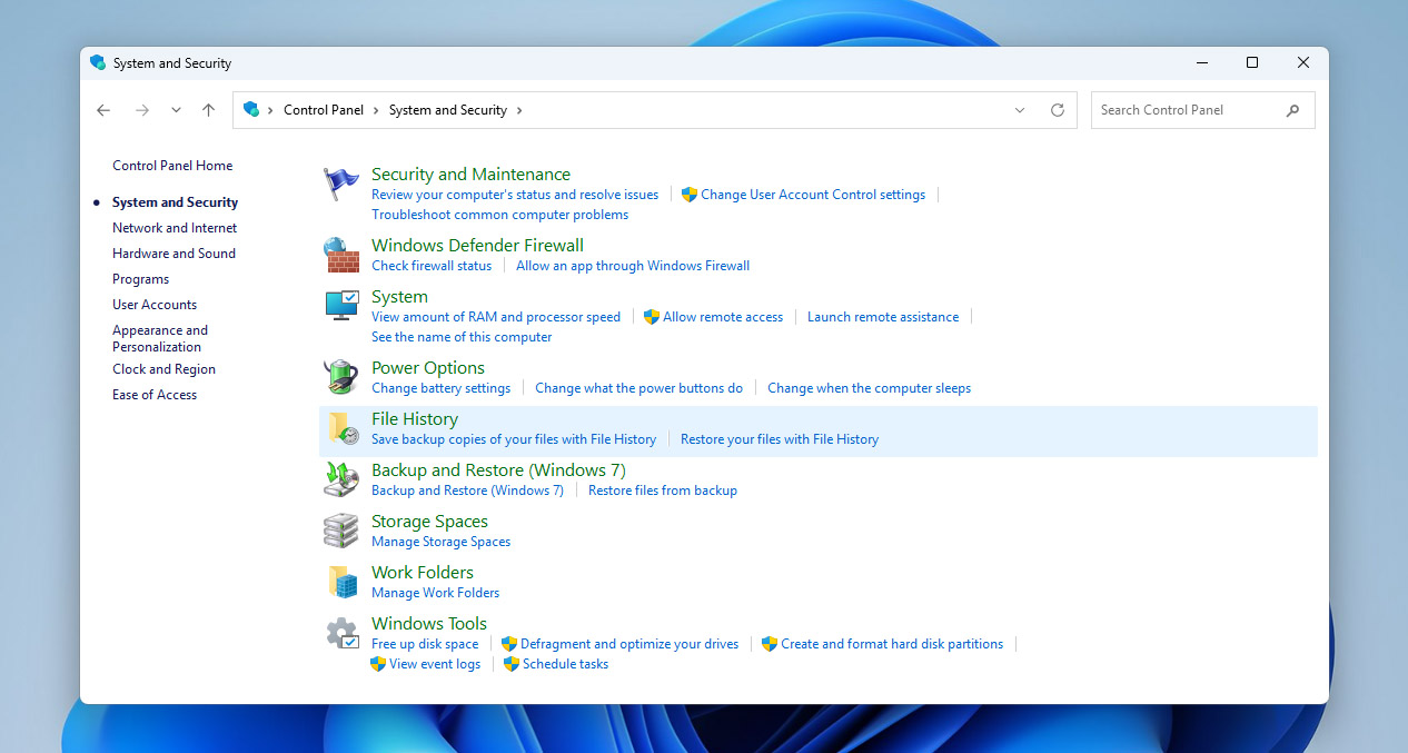 open file history from control panel