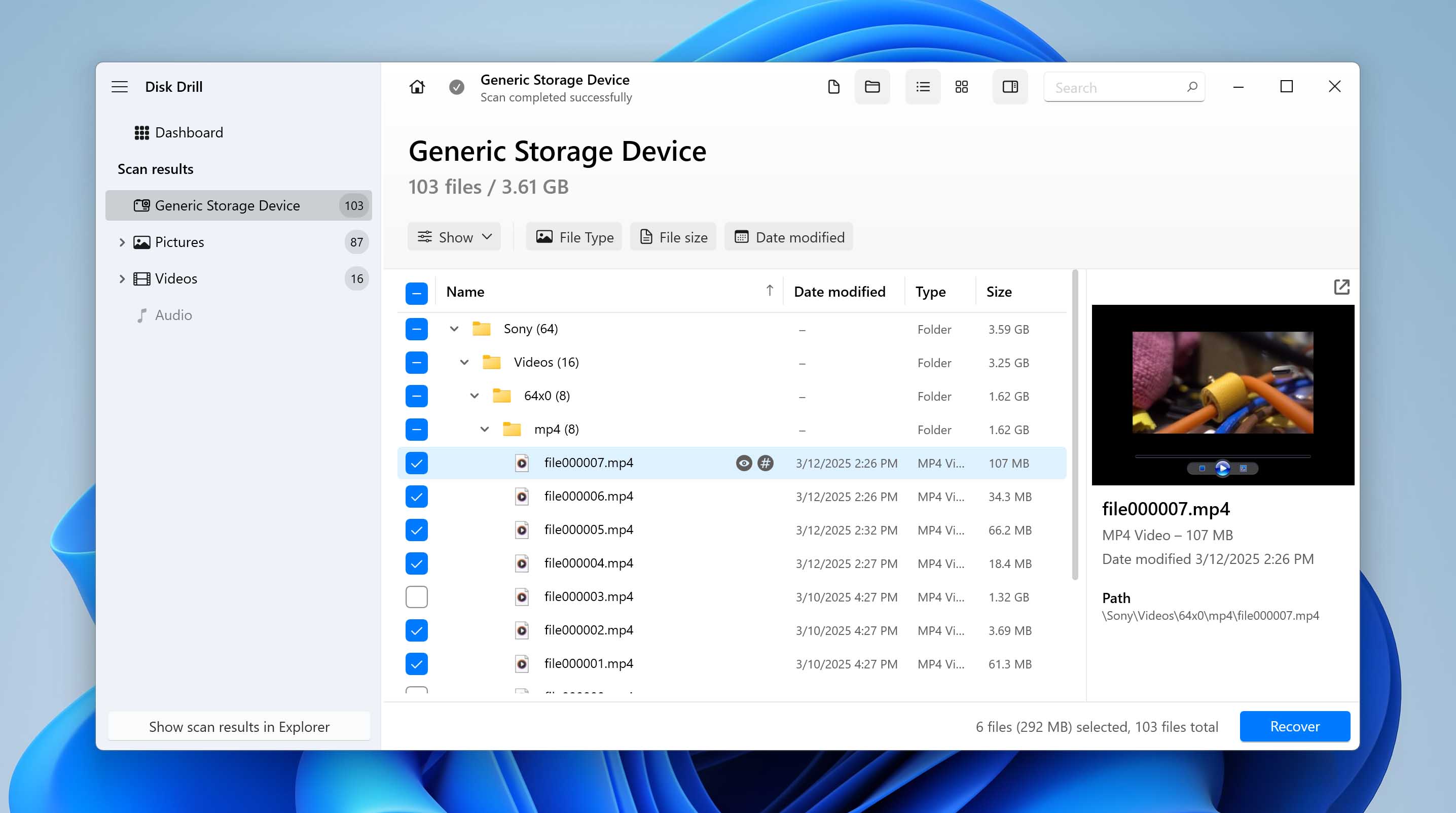 select files for recovery