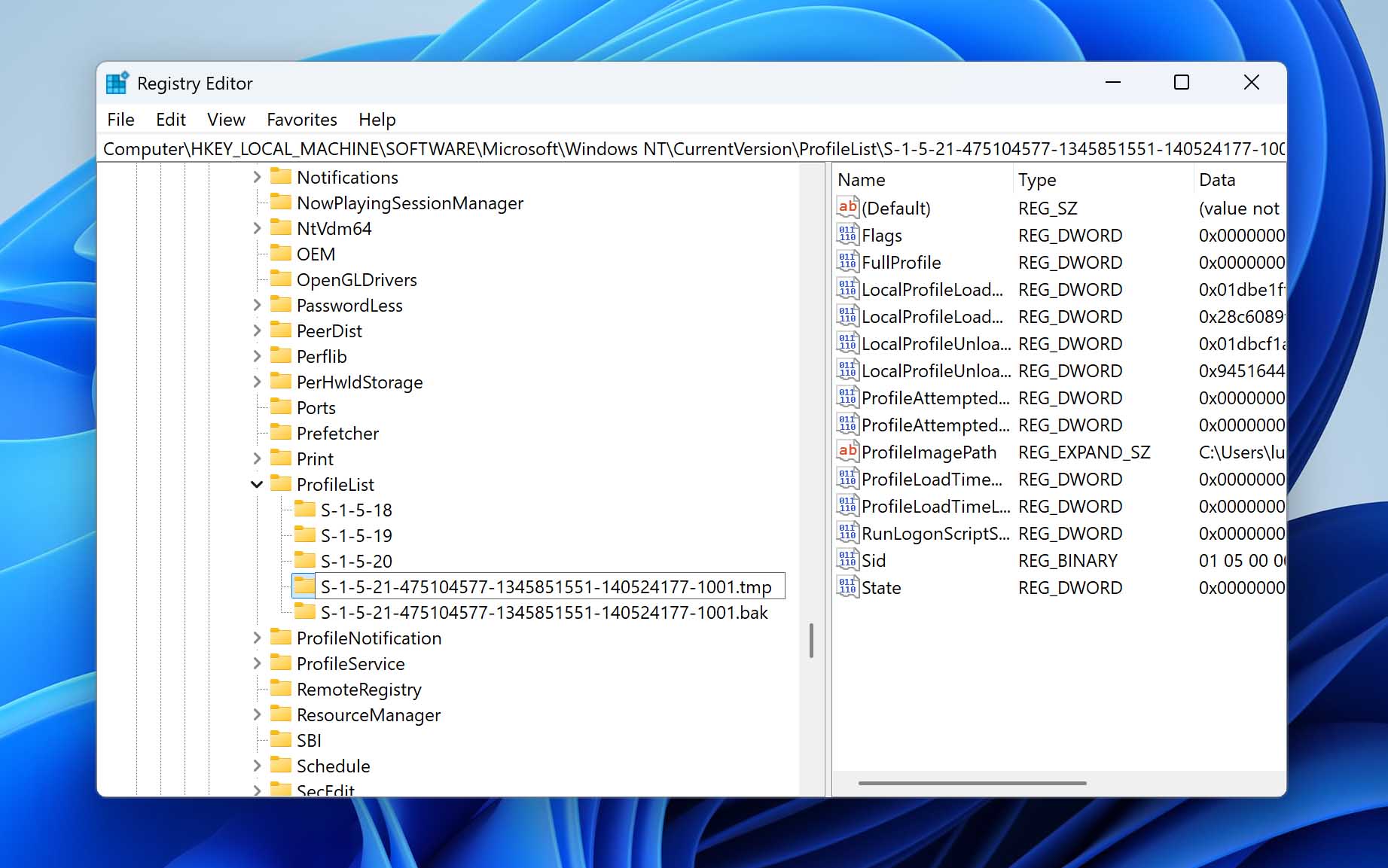 rename user profile in regedit