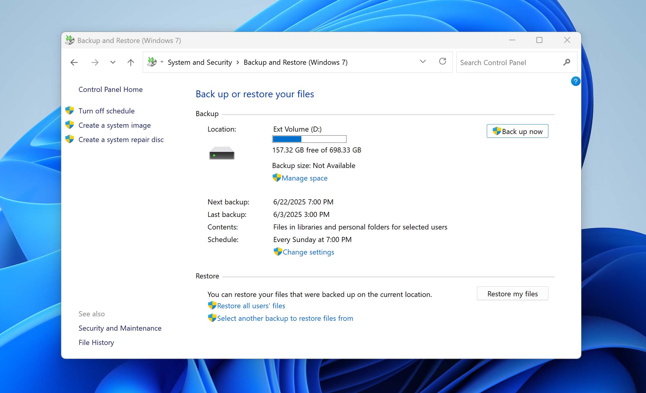restore user files in backup and restore