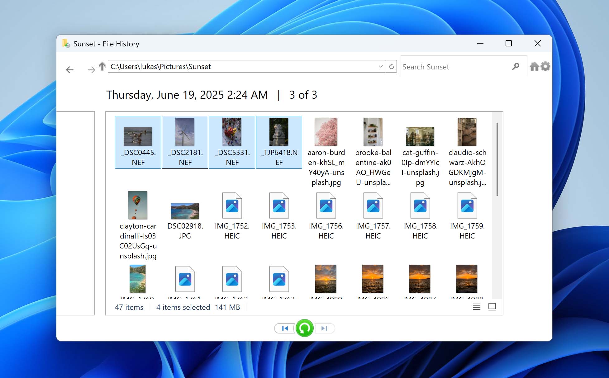 restore nef files with file history
