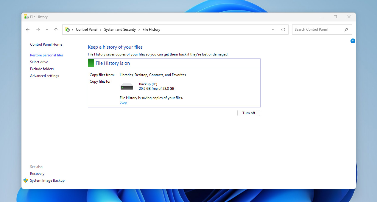 restore personal files in file history