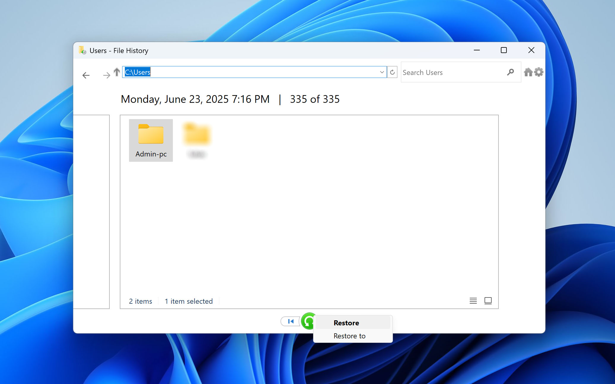 restore to option for user profile folder