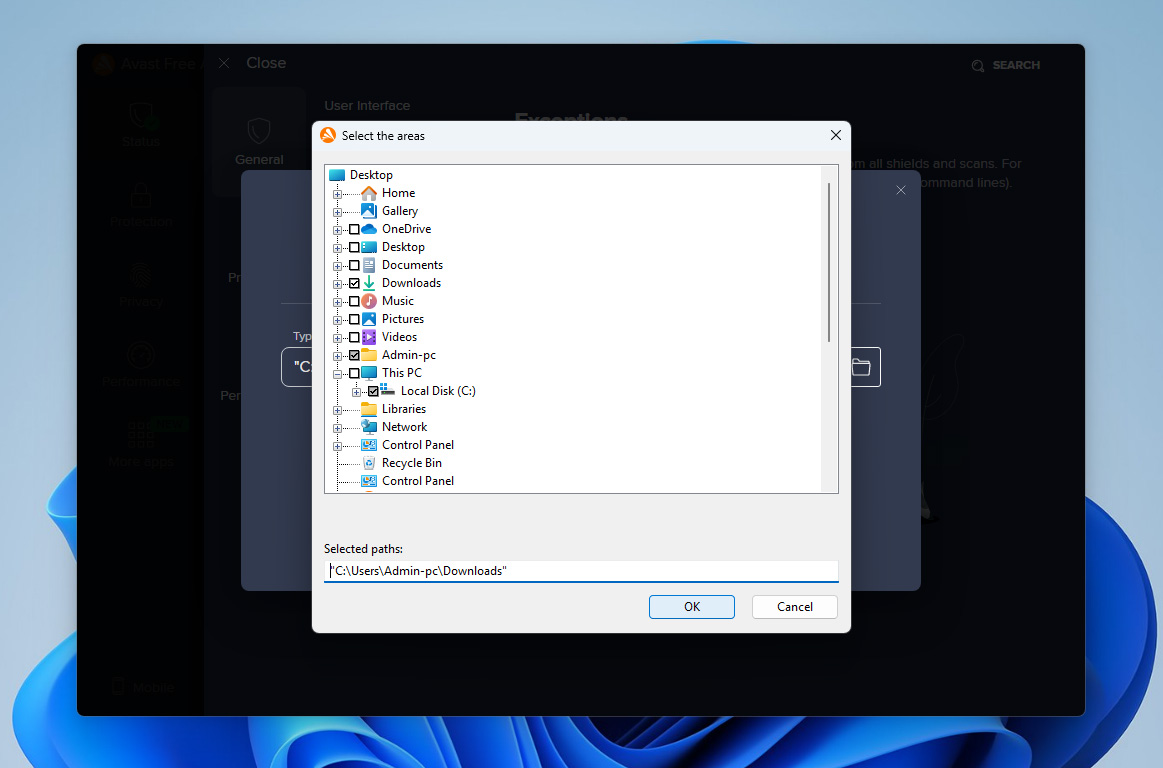 select folder for exception