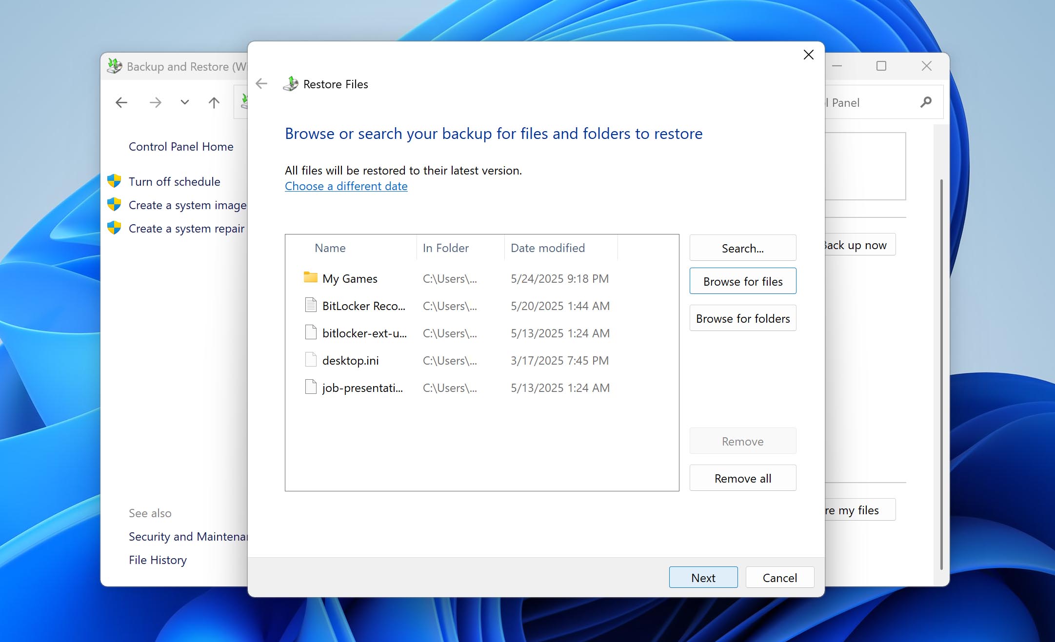 select files to restore