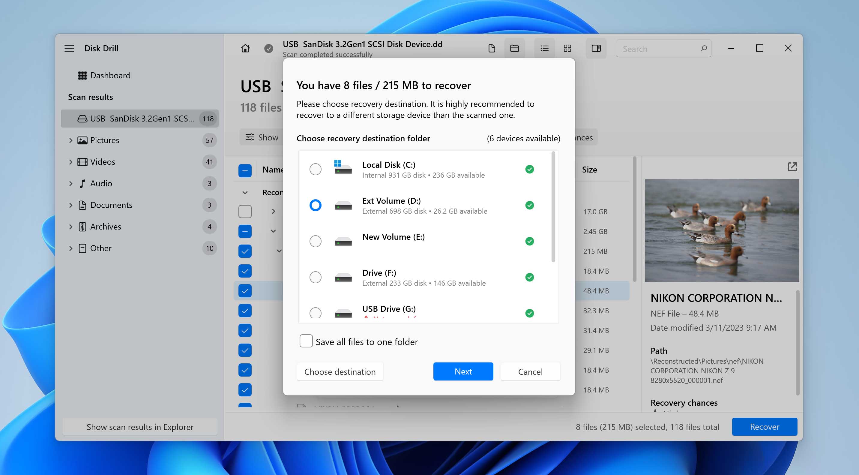choose location for recovered files
